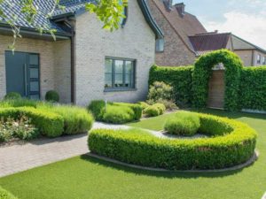 Shaped hedges with artificial grass and brick patio