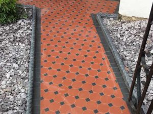 Victorian tile front pathway with gravel flower bed